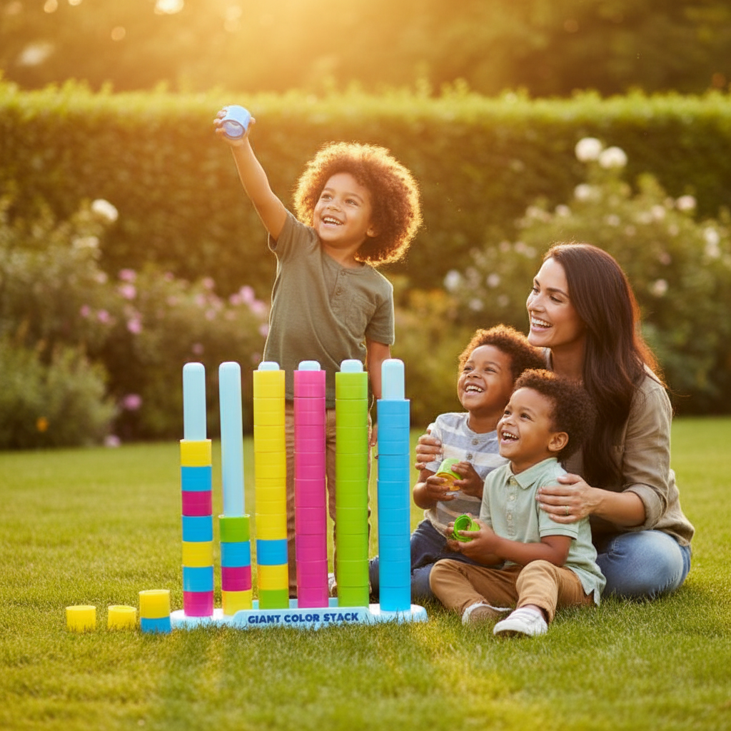 Giant Color Stack Challenge - Family playing in backyard